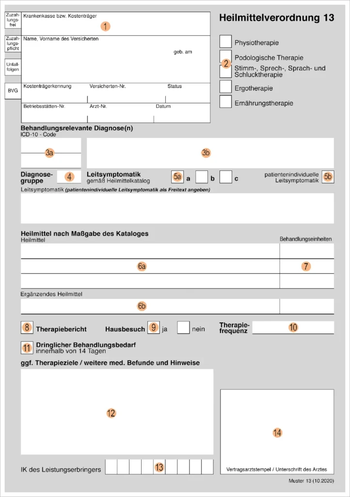 Vordruck des Formulars Heilmittelverordnung 13 mit auf den Feldern gelegten Zahlen von 1-14,