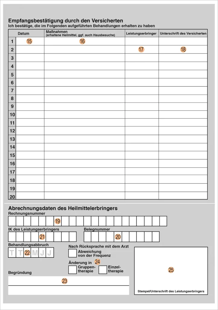 Rückseite eines Vordrucks des Formulars Heilmittelverordnung 13 mit auf den Feldern gelegten Zahlen von 15 bis 25 in orangefarbenen Boxen.