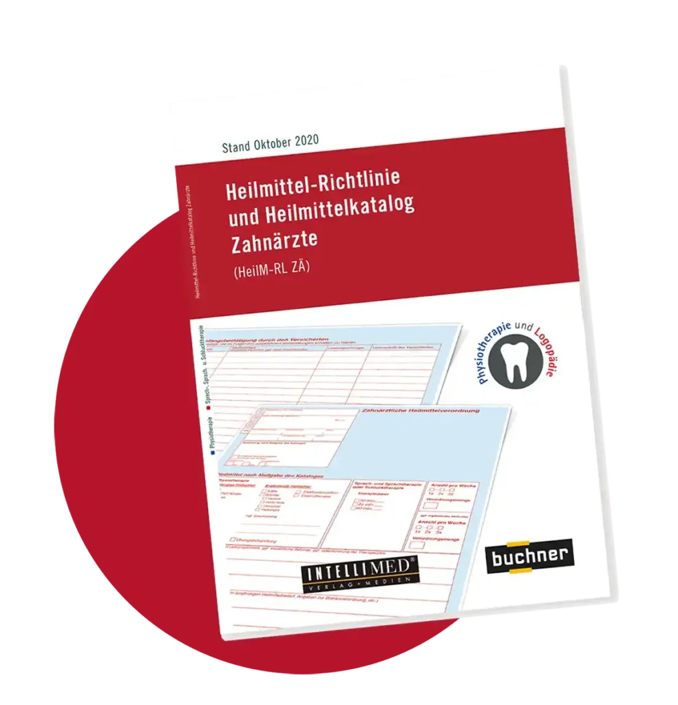 Leicht schräg abgebildetes Cover des Buches Heilmittel-Richtlinie und Heilmittelkatalog Zahnärzte (HeilM-RL ZÄ) Stand Oktober 2020 vor einem roten Kreis.