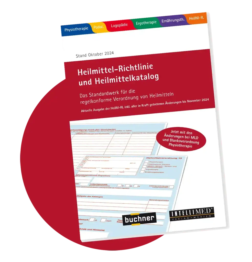 Leicht schräg abgebildetes Cover des Buches Heilmittel-Richtlinie und Heilmittelkatalog Stand Oktober 2024 vor einem roten Kreis.
