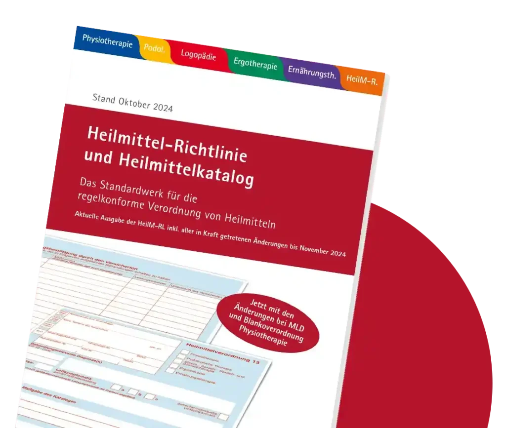 Leicht schräg abgebildetes Cover des Buches Heilmittel-Richtlinie und Heilmittelkatalog Stand Oktober 2024 vor einem roten Kreis, die unteren 10 % des Buchs sind abgeschnitten.